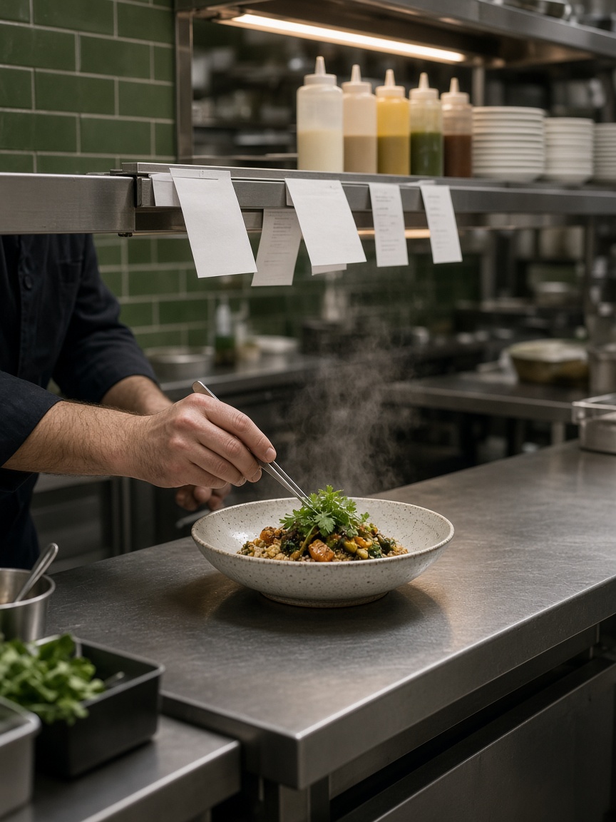 A plated dish on a stainless pass